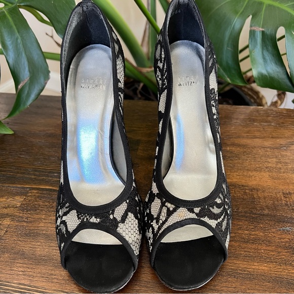 Stuart Weitzman Black Lace Peep Toe Satin Heels US9 - Picture 3 of 14